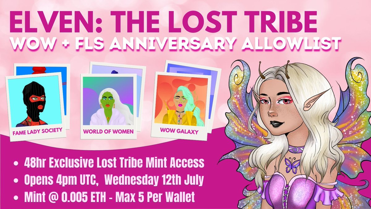 ELVEN 💜 (@elven_nft) on Twitter photo Our special Lost Tribe Allowlist just for <a href="/worldofwomennft/">world of women</a> & <a href="/FameLadySociety/">FameLadySociety 💋 WE 💋</a> holders is now open! 💞
💗 48hrs only
💗 5x max @ 0.005
💗 FCFS (less than 180 remaining!)
Mint link + more info in the 🧵👇 Our special Lost Tribe Allowlist just for <a href="/worldofwomennft/">world of women</a> & <a href="/FameLadySociety/">FameLadySociety 💋 WE 💋</a> holders is now open! 💞
💗 48hrs only
💗 5x max @ 0.005
💗 FCFS (less than 180 remaining!)
Mint link + more info in the 🧵👇