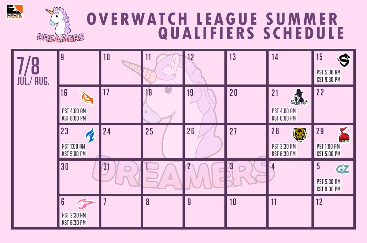 [Overwatch League Summer Qualifiers Schedule]

-Offline on Stage-
7/16 8pm KST vs <a href="/PANTHERAHQ/">Panthera</a> 
7/21 8pm KST vs @PokerFace_OW 

#DreamsComeTrue #DRMWIN #OWL2023