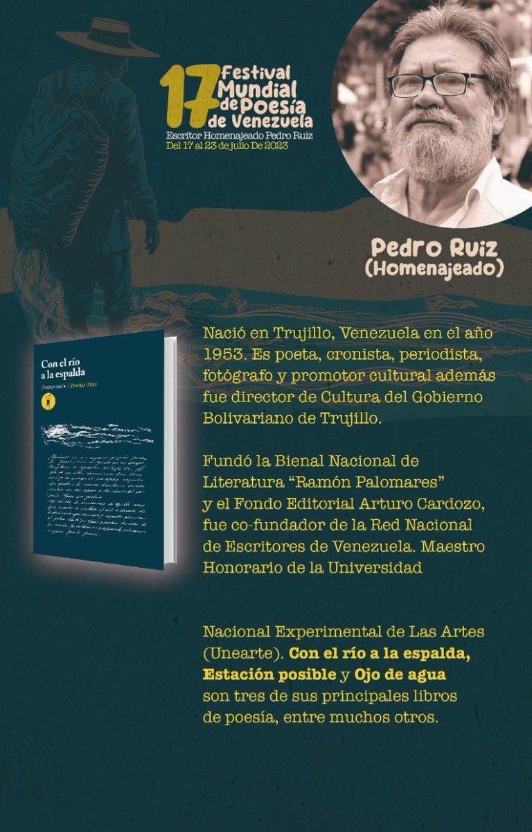 Falta poco para la gran fiesta cultural, qué inicia el 17 hasta el #23Jul con el 17º Festival Mundial de Poesía de Venezuela donde rendirán homenaje al escritor Pedro Ruiz, bajo el lema 'Con el río a la espalda'

@luchaalmada
@DayraMRivasR

#12Jul
#AmarEsPoesía ♥️
#LaPoesíaNosUne