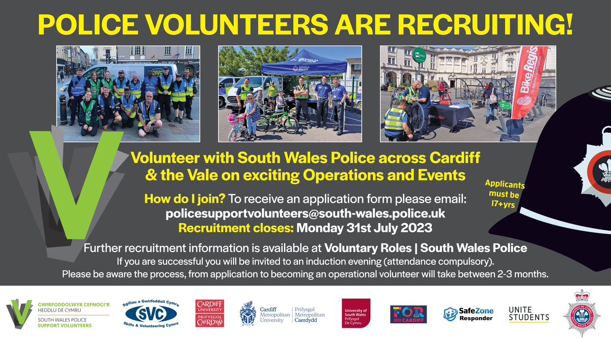 MikeUniSIO's tweet photo. We are recruiting Volunteers @SWPVolunteers in Cardiff &amp; Vale of Glamorgan
🔹The Volunteering scheme was set up to support crime prevention, safe guarding campaigns &amp; high visibility patrols
This is a unique opportunity to gain insight into what it’s like to be part of @swpolice https://t.co/10pkYLOlg9