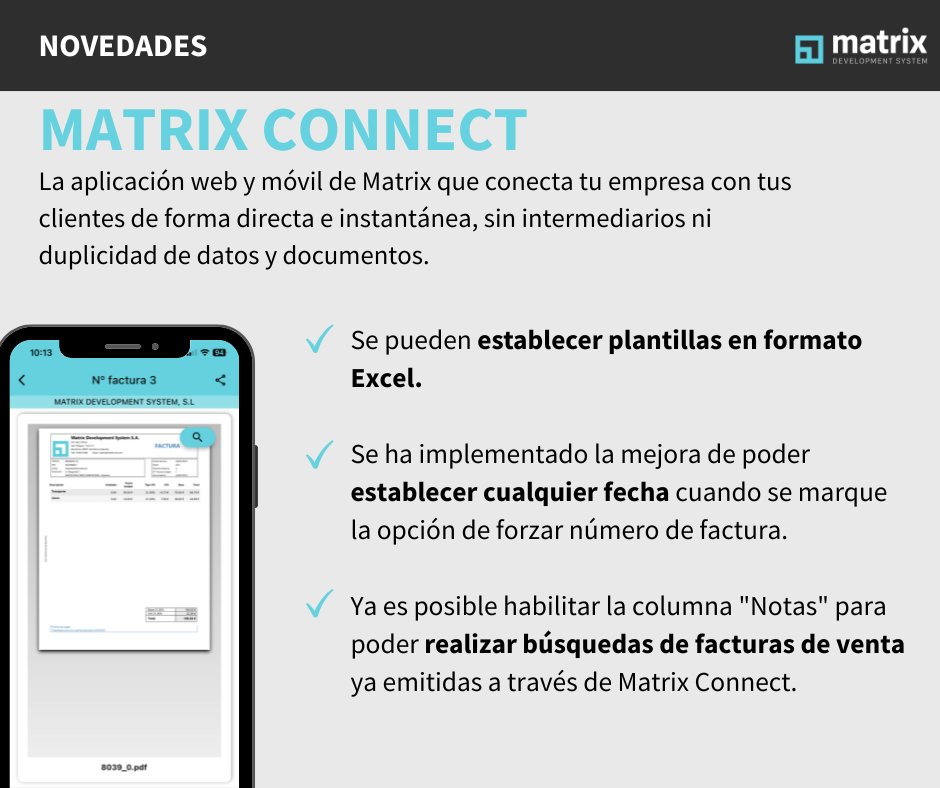 DifsAutoForm's tweet image. 🚨Hemos lanzado tres nuevas #novedades dentro de nuestra herramienta #MatrixConnect. 

🙋‍♂️¿Tú también quieres contratar Matrix Connect? Escribe a nuestro equipo comercial y/o agenda una demo.

📩comercial@matrix-dv.com

#asesoria #despachoprofesional #factura #facturaelectrónica