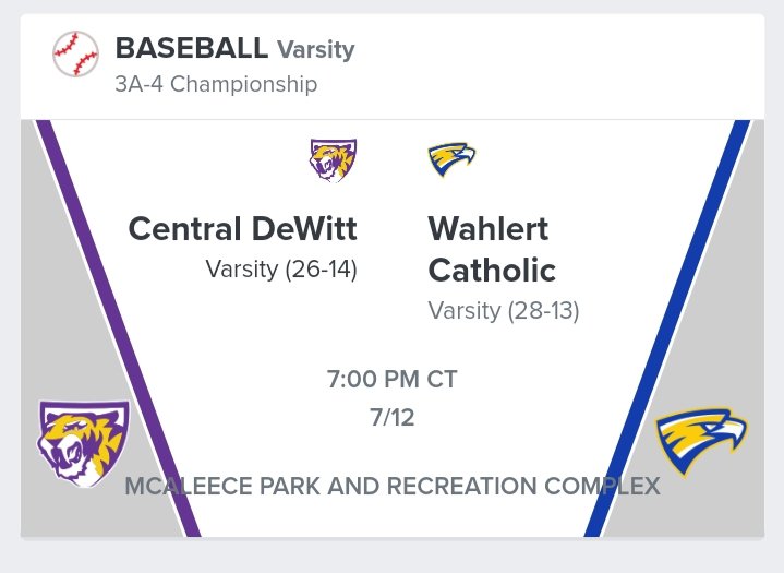 Bound Iowa (@bound_ia_) on Twitter photo π 3A-4 Championship π
βΎ Central DeWitt Sabers π Wahlert Catholic Golden Eagles
π
Wednesday, July 12, 2023 - 7:00 PM CT
π McAleece Park and Recreation Complex
πΊ lucky.lvstreamhd.com/baseball
<a href="/BaseballSaber/">Saber Baseball</a> <a href="/SaberActivities/">Saber Activities</a> <a href="/CentralDeWitt/">Central DeWitt CSD</a> <a href="/WahlertBaseball/">Wahlert Baseball</a> π 3A-4 Championship π
βΎ Central DeWitt Sabers π Wahlert Catholic Golden Eagles
π
Wednesday, July 12, 2023 - 7:00 PM CT
π McAleece Park and Recreation Complex
πΊ lucky.lvstreamhd.com/baseball
<a href="/BaseballSaber/">Saber Baseball</a> <a href="/SaberActivities/">Saber Activities</a> <a href="/CentralDeWitt/">Central DeWitt CSD</a> <a href="/WahlertBaseball/">Wahlert Baseball</a>