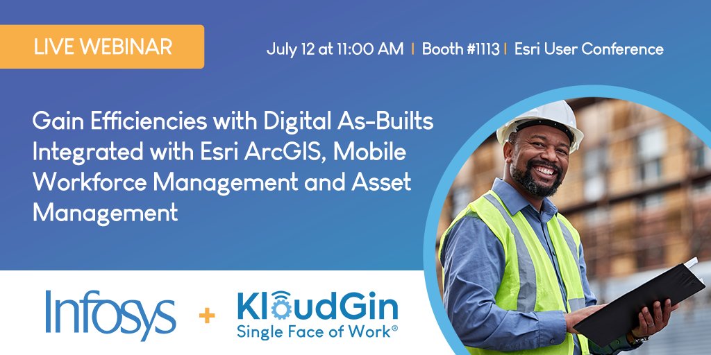 kloudgin's tweet image. Join us Live at #EsriUC with Infosys for “Gain Efficiencies with Digital As-Builts Integrated with Esri ArcGIS, Mobile Workforce Management and Asset Management” in Booth 1113 at 11 am.
#mobileworkforce #assetmanagement