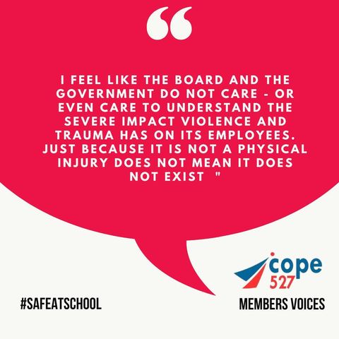 In Solidarity:   COPE Ontario @Copelocal527 members often experience chronic issues due to the level of violence at work. THIS IS UNACCEPTABLE! We need @fordnationdougford  and @Slecce to put in the work and make change.
#SafeatSchool #membersvoice #cope397cares #cope397community