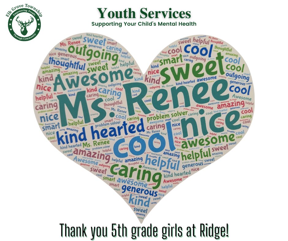 EGTownship's tweet photo. Renee Dorn, Director of Youth Services at Elk Grove Township, held a Girls Empowerment group with the 5th grade girls at Ridge School. She presented the girls with an individualized word cloud - created by the other girls in the group. These girls then created one for Ms. Renee! https://t.co/U6ExOeS3Ui