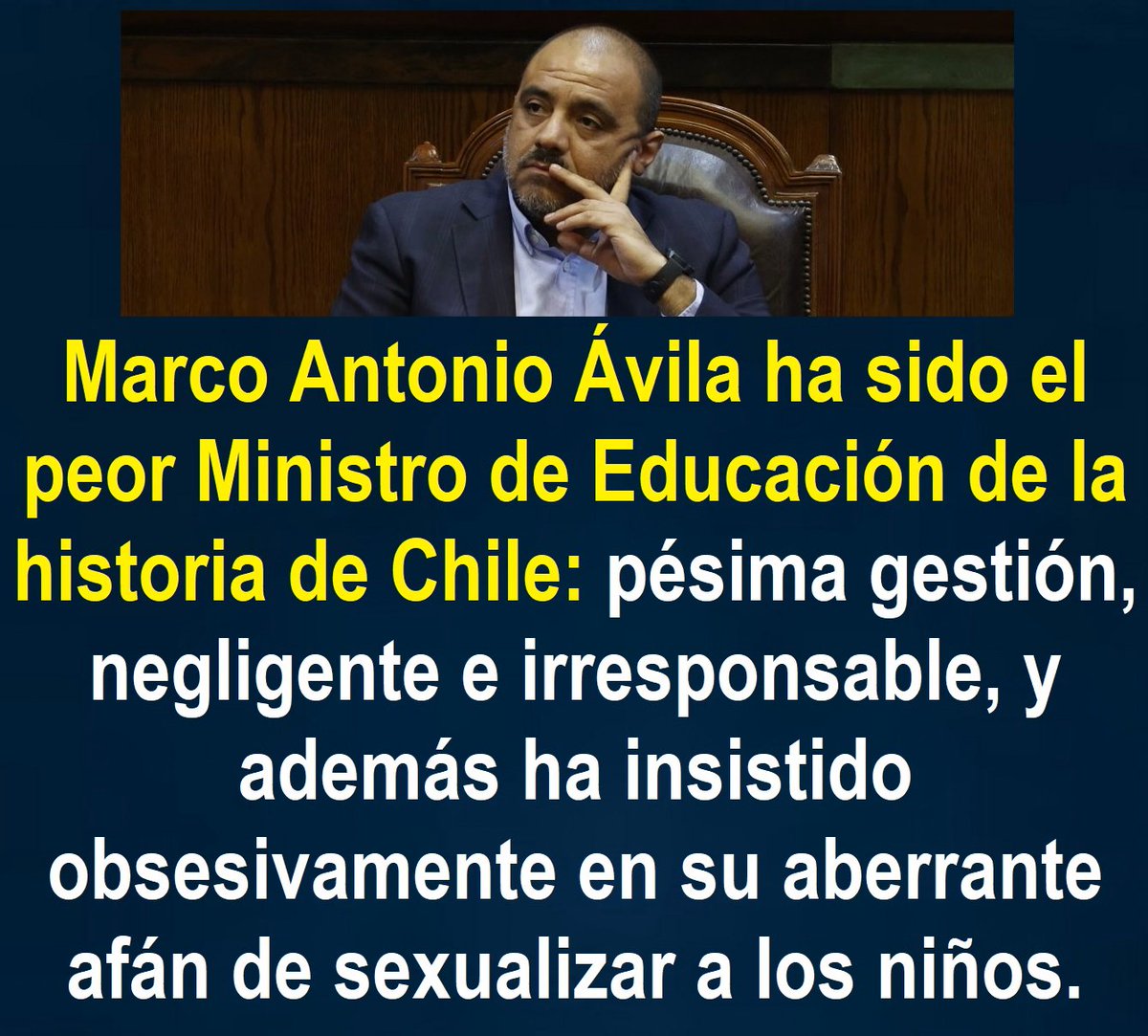 _1978_cristobal's tweet photo. Sería imperdonable que el Ministro Ávila se salve y siga a cargo del Mineduc. Su labor ha sido horrorosamente mala, no ha hecho nada bien.
Y seamos claros: esto NO es homofobia. Ese comodín, como método de defensa, está + trillado y prostituido que usar a Pinochet o la dictadura https://t.co/NkYm8nC6fV