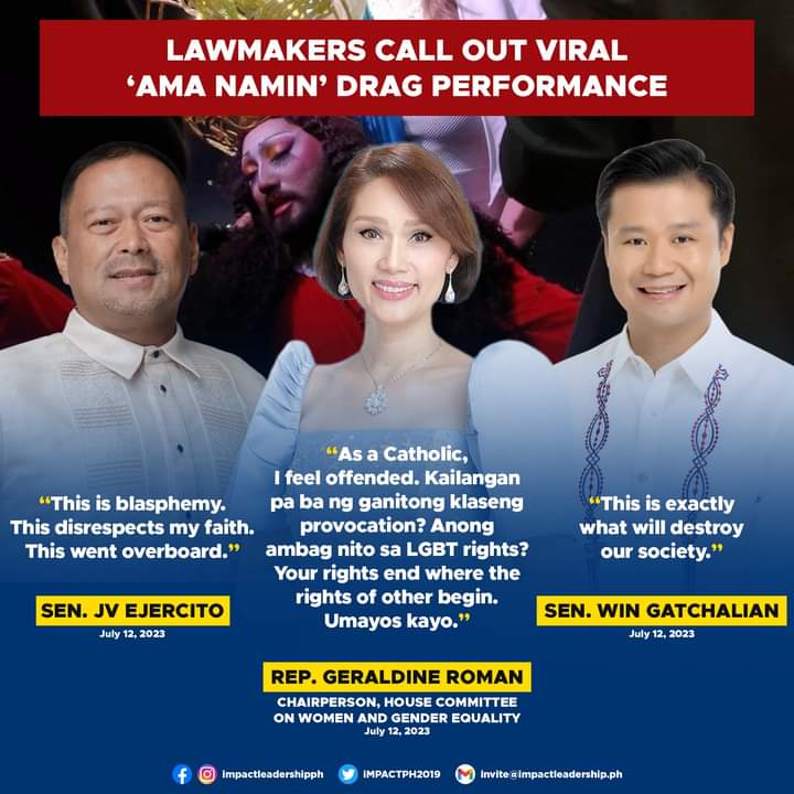 iMPACTPH2019's tweet photo. 'THIS IS EXACTLY WHAT WILL DESTROY OUR SOCIETY'?

Lawmakers call out viral "Ama Namin" drag performance.

https://t.co/WO7UonqkL5 https://t.co/u2v2RocCY5