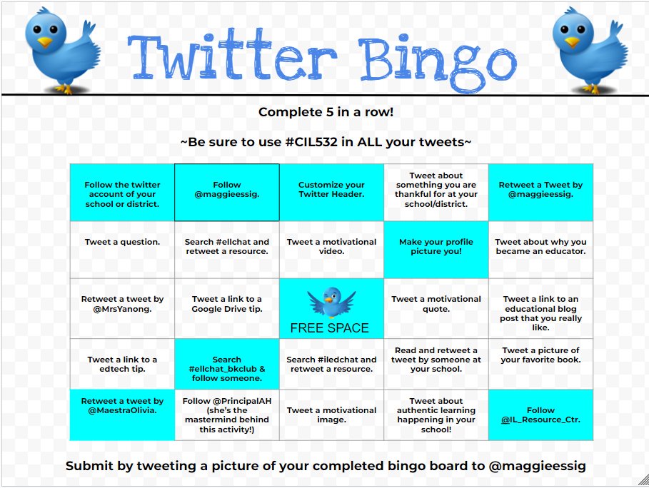 AnnetteOrrico's tweet photo. Twitter Bingo! #CIL532 @maggieessig https://t.co/pVasl16sR5