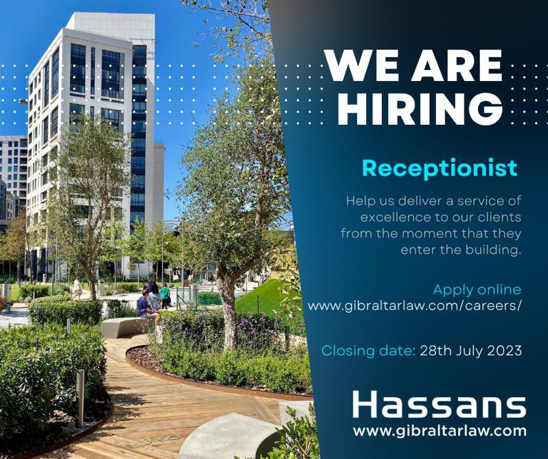 We are currently accepting applications to join our fantastic team of receptionists. Please visit gibraltarlaw.com/careers/curren… for the full spec. Closing date for applications is Friday 28th July 2023. #vacancies #receptionist #gibraltarjobs