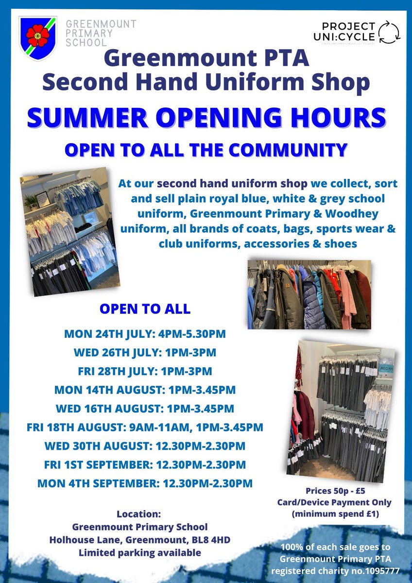 ♻️👕Come and shop with us this summer. Good quality, pre-loved school uniform that doesn’t cost the Earth