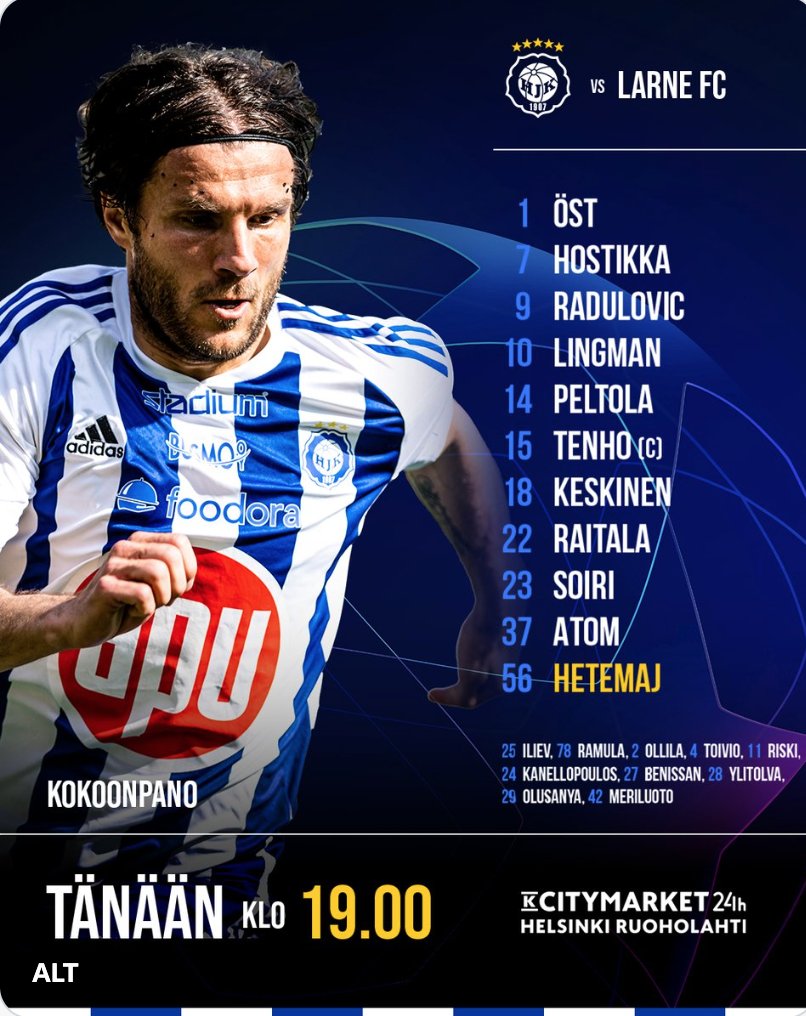 PanoramaFootba3's tweet photo. HJK - Larne FC
HJK's starting XI

#HJK #Larne #UCL #Veikkausliiga https://t.co/8ipNRTQSMg