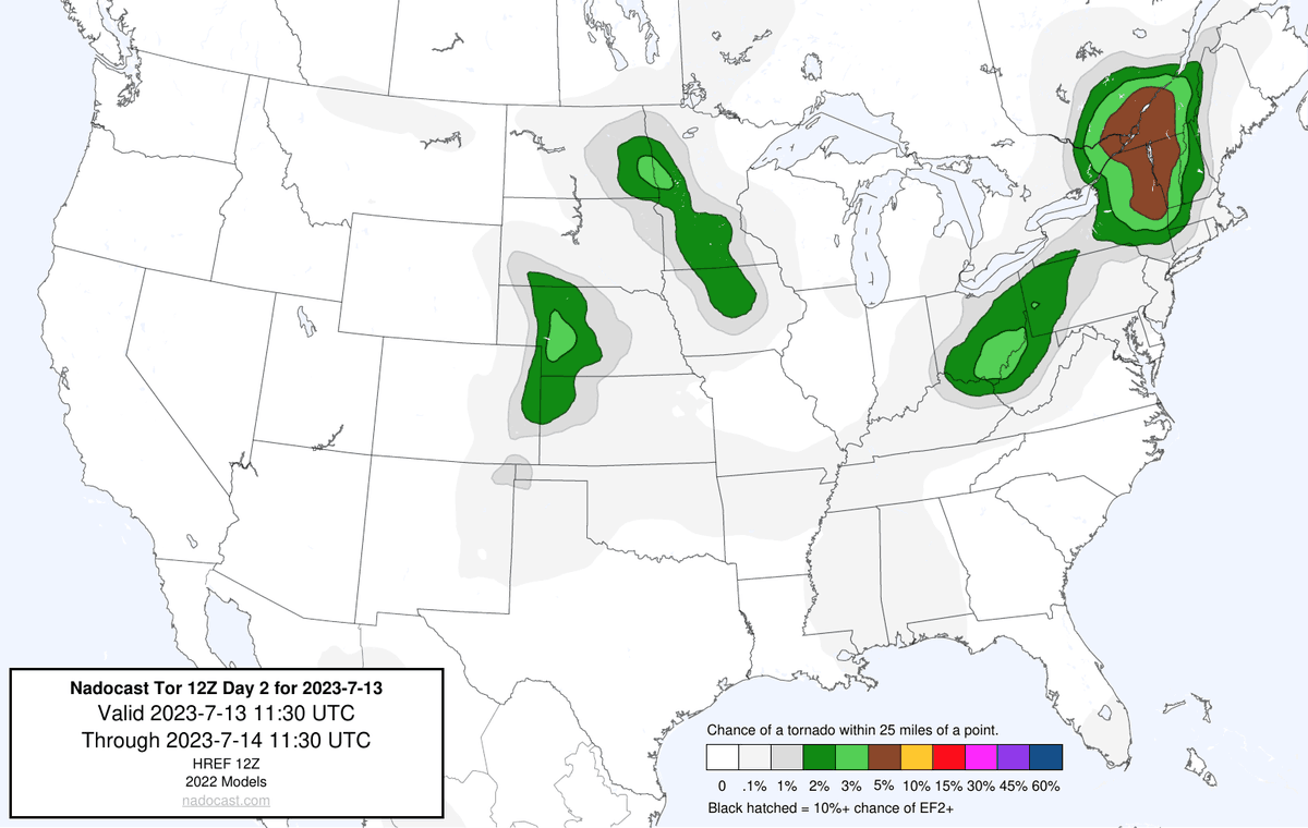 nadocast's tweet photo. 12Z Day 2 Tornado Forecast for 2023-7-13 (New New 2022 Models) https://t.co/alPOcsNxtD