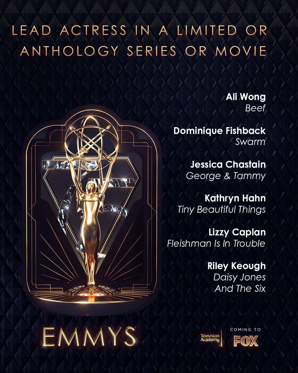 The #Emmy nominees for Lead Actress In A Limited or Anthology Series or Movie are:

<a href="/aliwong/">Ali Wong</a>
#DominqueFishback
@Jes_chastain
#KathrynHahn
#LizzyCaplan
#RileyKeough

#Emmys #Emmys2023 #EmmyNoms #TelevisionAcademy