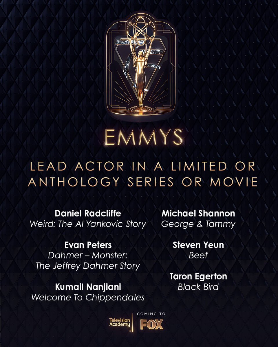 TelevisionAcad's tweet photo. The #Emmy nominees for Lead Actor In A Limited or Anthology Series or Movie are:

#DanielRadcliffe
#EvanPeters
@Kumailn
#MichaelShannon
@steveyeun
#TaronEgerton

#Emmys #Emmys2023 #EmmyNoms #TelevisionAcademy https://t.co/tFzG8H1Z6v