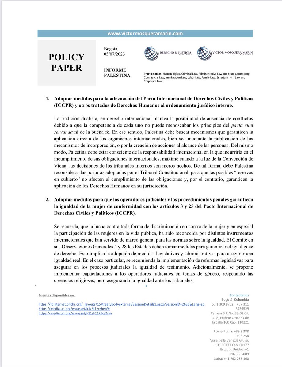 La Fundación Derecho & Justicia Asociados y la Firma Víctor Mosquera Marín comparten el informe de seguimiento y sus recomendaciones a Palestina luego de su primer examen ante el Comité de Derechos Humanos en el marco del 138° Periodo de Sesiones. 
#HRCttee #FDYJA #DDHH