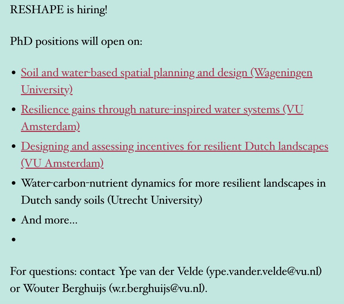 Earth Sciences @VU Amsterdam (@vu_earthscience) on Twitter photo We are hiring PhD students at <a href="/VUamsterdam/">Vrije Universiteit Amsterdam (inactief)</a> <a href="/VU_IVM/">IVM - VU Amsterdam</a> <a href="/VU_EarthScience/">Earth Sciences @VU Amsterdam</a> <a href="/UniUtrecht/">Utrecht University</a> <a href="/WUR/">Wageningen U&R</a> 
on nature-inspired water system solutions for resilient Dutch sand landscapes  reshape.labs.vu.nl/?page_id=27 We are hiring PhD students at <a href="/VUamsterdam/">Vrije Universiteit Amsterdam (inactief)</a> <a href="/VU_IVM/">IVM - VU Amsterdam</a> <a href="/VU_EarthScience/">Earth Sciences @VU Amsterdam</a> <a href="/UniUtrecht/">Utrecht University</a> <a href="/WUR/">Wageningen U&R</a> 
on nature-inspired water system solutions for resilient Dutch sand landscapes  reshape.labs.vu.nl/?page_id=27