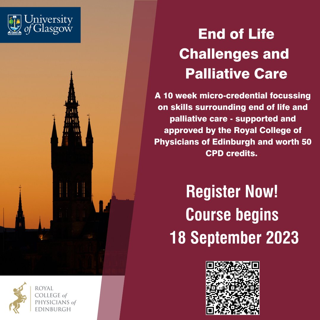 New microcredential in End of Life and Palliative care supported by @RCPEdin and worth 50 CPD credits. Explore critical perspectives on dying, death, and grief to develop your professional practice or reflect on personal experience. More ➡️gla.ac/44DLuCM