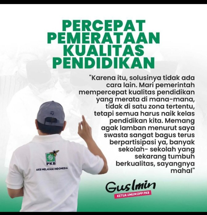 Pendidikan menjadi salah satu alat penting untuk memajukan peradaban bangsa.
Kita berjuang bersama Gus Imin untuk akses kualitas pendidikan terbaik yang merata bagi rakyat 🇮🇩

#PemerataanPendidikan
#MuhaiminIskandar
#PartaiKebangkitaBangsa 
<a href="/DPP_PKB/">DPP PKB</a> <a href="/cakimiNOW/">A Muhaimin Iskandar</a> <a href="/zainul_munas/">Zainul Munasichin</a>