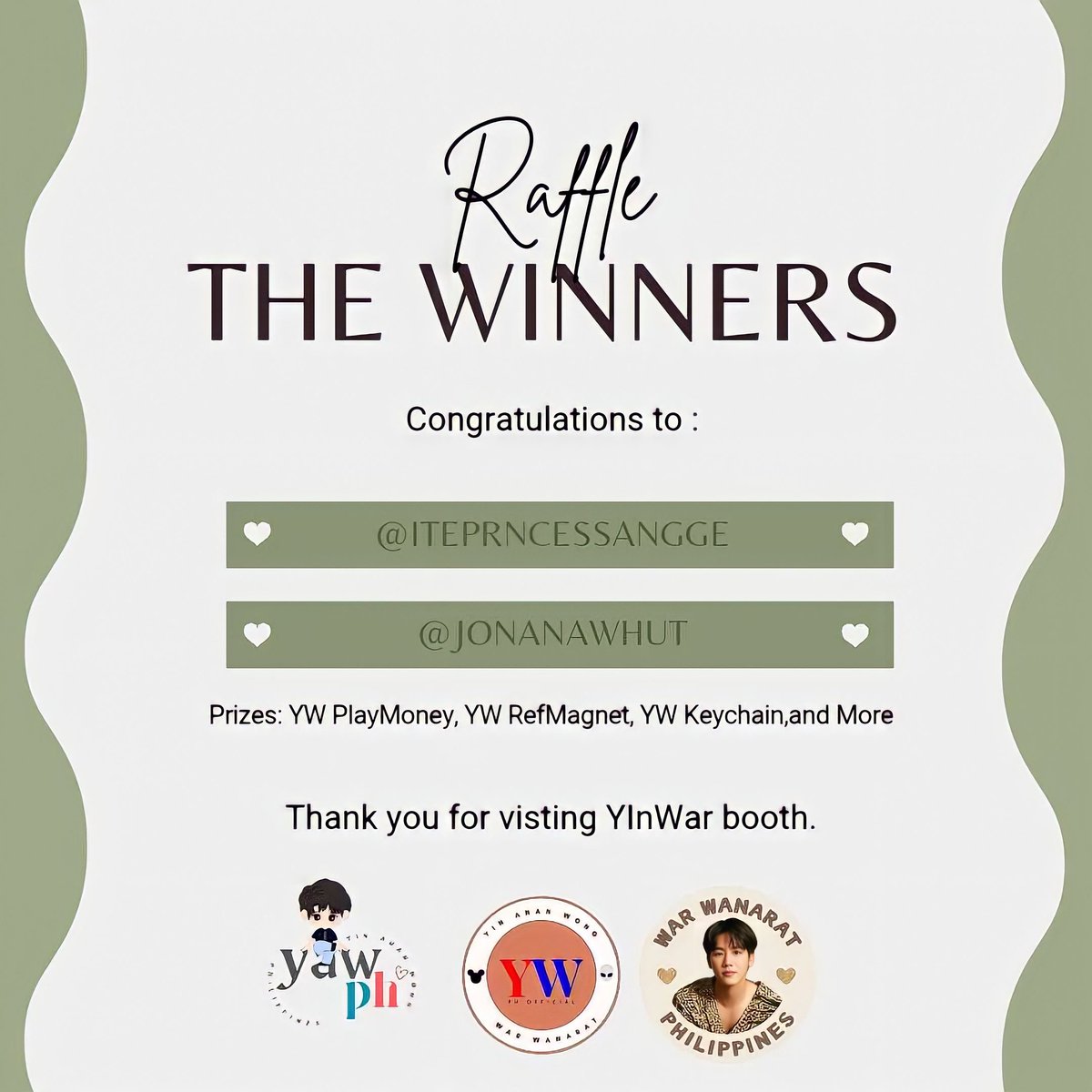 YinWarPHIL's tweet photo. We still have prizes left from the lacon, here are our raffle winners for the 100 lacon attendees at our booth.
the raffle is via wheel of names conducted by @YinAnanWongPh
you can just dm to get your prizes.
#YWPH #หยิ่นวอร์ #LaconFanConvention2023
#HitBiteLoveinMNL2023 https://t.co/gMucVC3njz