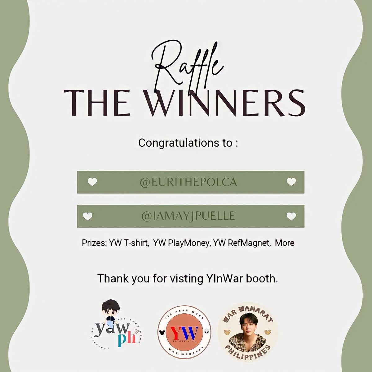 YinWarPHIL's tweet photo. We still have prizes left from the lacon, here are our raffle winners for the 100 lacon attendees at our booth.
the raffle is via wheel of names conducted by @YinAnanWongPh
you can just dm to get your prizes.
#YWPH #หยิ่นวอร์ #LaconFanConvention2023
#HitBiteLoveinMNL2023 https://t.co/gMucVC3njz