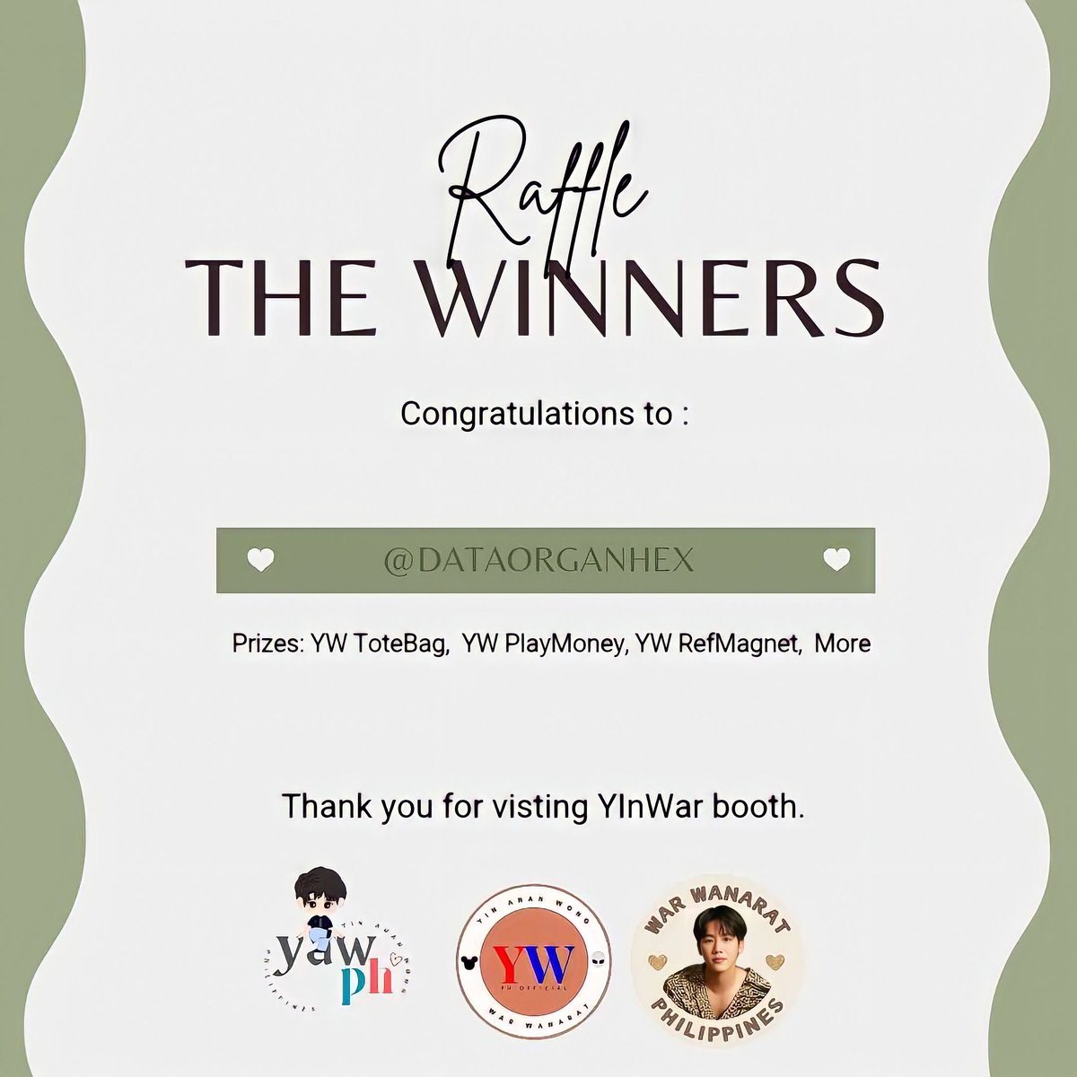 YinWarPHIL's tweet photo. We still have prizes left from the lacon, here are our raffle winners for the 100 lacon attendees at our booth.
the raffle is via wheel of names conducted by @YinAnanWongPh
you can just dm to get your prizes.
#YWPH #หยิ่นวอร์ #LaconFanConvention2023
#HitBiteLoveinMNL2023 https://t.co/gMucVC3njz