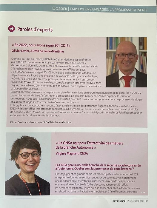 Merci à l'UDES, pour son article dans ACT'ESS sur notre réseau et notre capacité à recruter, rare sur ce secteur.
@UDESnationale <a href="/seinemaritime/">Seine-Maritime</a> <a href="/ADMRun/">ADMR</a> <a href="/carsat_ndie/">Carsat Normandie</a> <a href="/ars_normandie/">ARS Normandie</a> 
udes.fr/.../users/lmor…