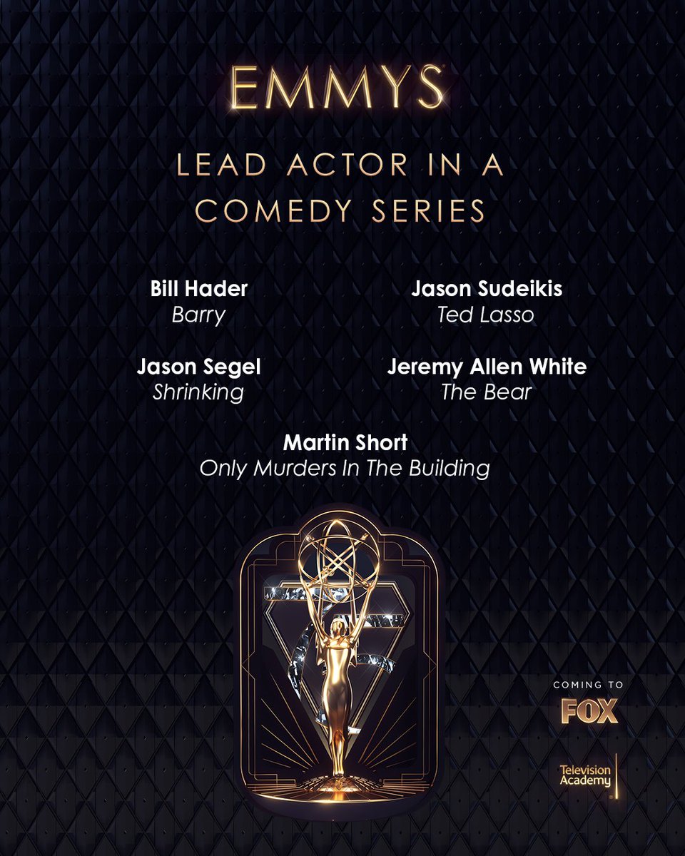 The #Emmy nominees for Lead Actor In A Comedy Series are:

#BillHader
@jasonsegel
@JasonSudeikis
#JeremyAllenWhite
#MartinShort

#Emmys #Emmys2023 #EmmyNoms #TelevisionAcademy