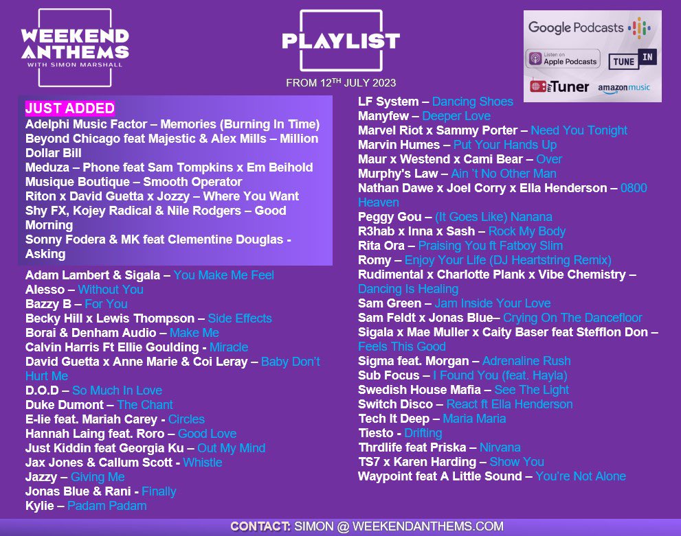SimonMarshallDJ's tweet photo. **Playlist update** #weekendanthems #dancemusic #syndicatedradioshow https://t.co/KPdI3ir60S