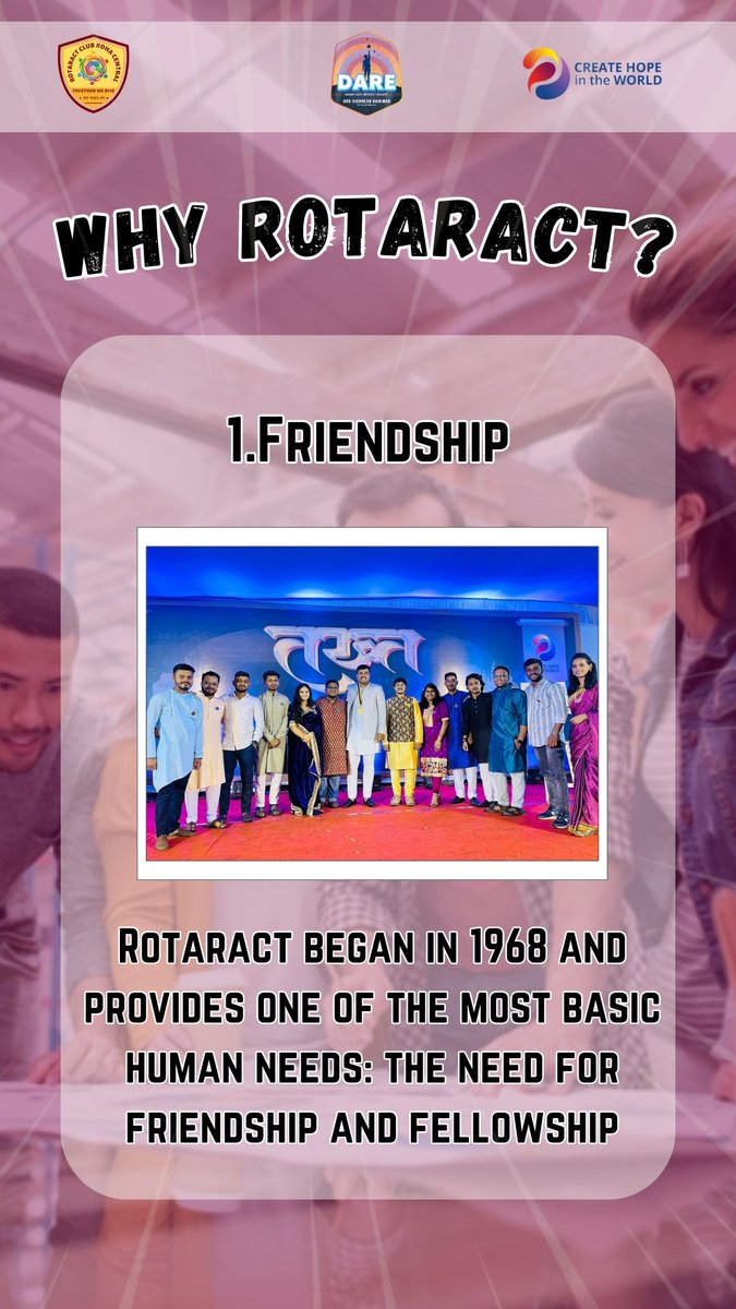 RaCRohaCentral's tweet photo. 🌺 Warm Rotaract Greetings 🌺

Here we are with our PR Initiative, 'Reasons to join Rotaract'.

And here's our reason number 1:

🫂 *_Friendship_* 🚢

Rotaract began in 1968 🗓️ and provides one of the most basic human needs:

🫂 *The need for friendship and fellowship* 🪩 https://t.co/kwQ4MHcnD9