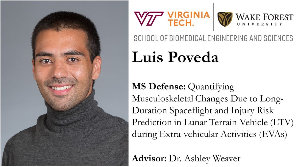 Wake Forest Biomedical Engineering (@wakebme) on Twitter photo 🥳Congratulations to SBES student <a href="/luis_pov4/">Luis Poveda</a> on completing his master’s defense! Luis plans to continue pursuing his PhD at <a href="/WakeBME/">Wake Forest Biomedical Engineering</a> advised by PI <a href="/AshleyAWeaver/">Ashley A. Weaver, PhD</a> 🚀 We look forward to seeing his research develop over the next few years! #MSDone #SpaceFlight <a href="/NASA/">NASA</a> 🥳Congratulations to SBES student <a href="/luis_pov4/">Luis Poveda</a> on completing his master’s defense! Luis plans to continue pursuing his PhD at <a href="/WakeBME/">Wake Forest Biomedical Engineering</a> advised by PI <a href="/AshleyAWeaver/">Ashley A. Weaver, PhD</a> 🚀 We look forward to seeing his research develop over the next few years! #MSDone #SpaceFlight <a href="/NASA/">NASA</a>