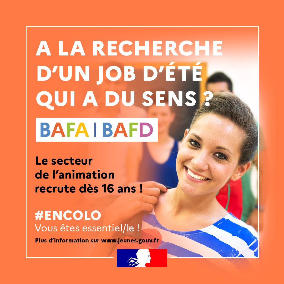 Jeunes_gouv's tweet photo. Dès 16 ans, vous pouvez obtenir votre brevet d’aptitude aux fonctions d’animateur d’accueil collectif de mineurs (BAFA), qui permet d’encadrer des enfants ☀️

Pour en savoir plus sur les formations aux métiers de l’animation 👉 https://t.co/yVf7nnPhJ6 https://t.co/WuUdxabnwD