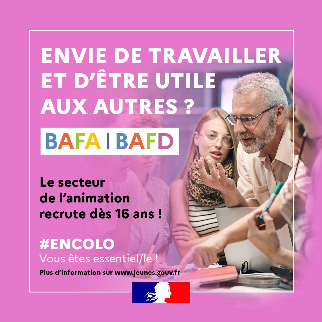 Jeunes_gouv's tweet photo. Dès 16 ans, vous pouvez obtenir votre brevet d’aptitude aux fonctions d’animateur d’accueil collectif de mineurs (BAFA), qui permet d’encadrer des enfants ☀️

Pour en savoir plus sur les formations aux métiers de l’animation 👉 https://t.co/yVf7nnPhJ6 https://t.co/WuUdxabnwD