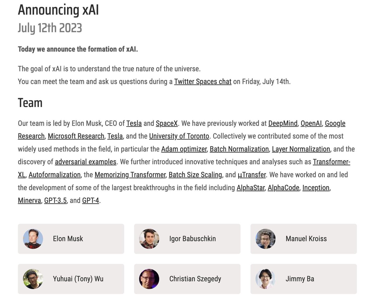 🚨 BREAKING: Elon Musk and Twitter just announced their new AI company, xAI. The goal of xAI is to understand the true nature of the universe. The team previously worked at DeepMind, OpenAI, Google Research, Microsoft Research, Tesla, and the University of Toronto.