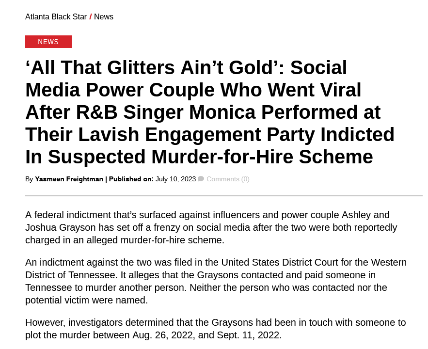 AshyGraysonM4H's tweet photo. ‘All  That Glitters Ain’t Gold’: Social Media Power Couple Who Went Viral  After R&amp;B Singer Monica Performed at Their Lavish Engagement Party  Indicted In Suspected Murder-for-Hire Scheme

https://t.co/L9lCKJXyeO https://t.co/TiFGL7WgmO