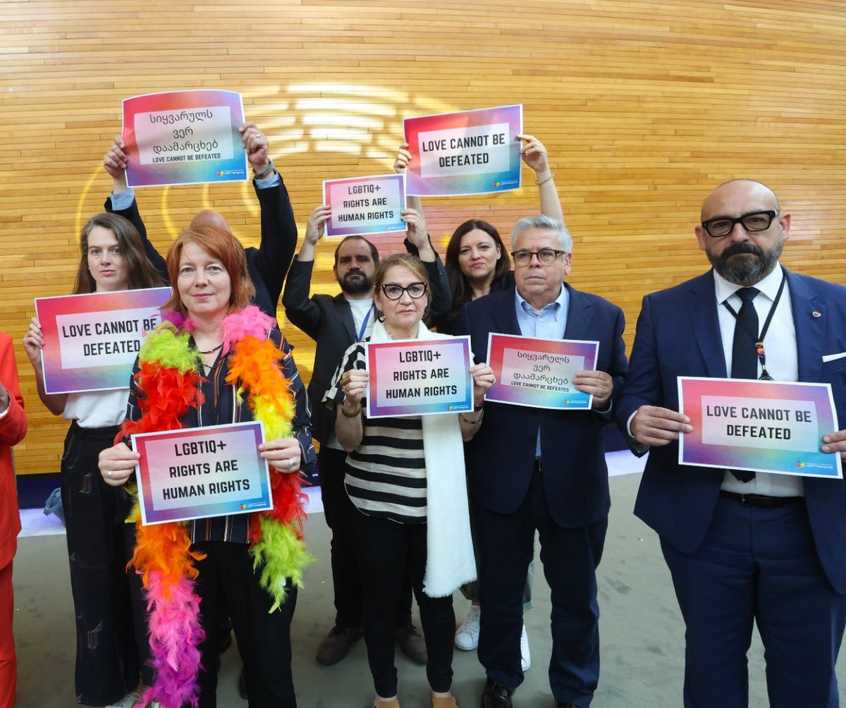 NachoSAmor's tweet photo. We came together today at @Europarl_EN to show solidarity with #LGBTIQ community in #Georgia after the violent attacks on @TbilisiPride. Where is the police that so efficiently protects Parliament when they need to protect the rights of citizens?
#LoveCannotBeDefeated https://t.co/jiddjFiXUz