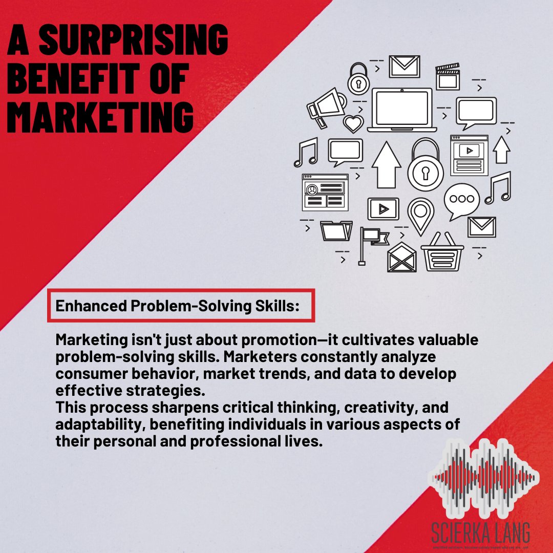 ScierkaLang's tweet photo. Did you know that marketing enhances critical thinking, creativity, and adaptability?
As you analyze consumer behavior, trends &amp; data, your problem-solving skills reach new heights. Embrace marketing to unlock opportunities in your personal &amp; professional life. 💪💡🌟
#marketing https://t.co/Gu9WLRk0ta