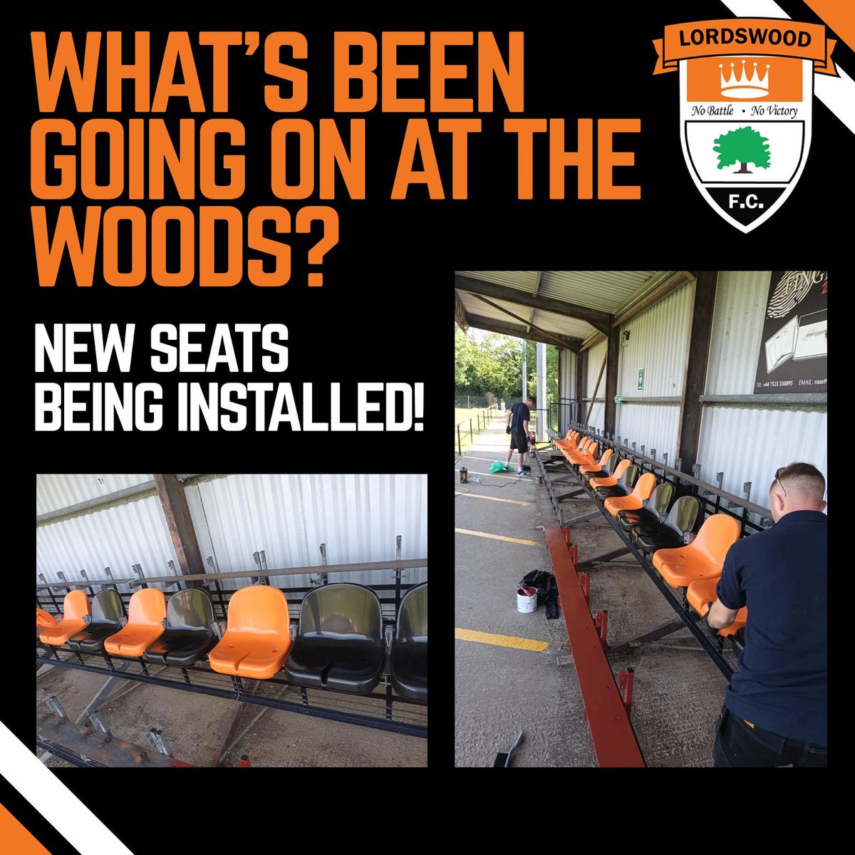 LordswoodAFC's tweet photo. GROUND UPDATE:

Our preparations for the new season continue with new seats being fitted into the main stand,look forward to seeing many faces fill them 🧡🖤
#utw #NonLeague #lordsrising #grassrootsfootball 🧡🖤 https://t.co/sqvplW2Ldi