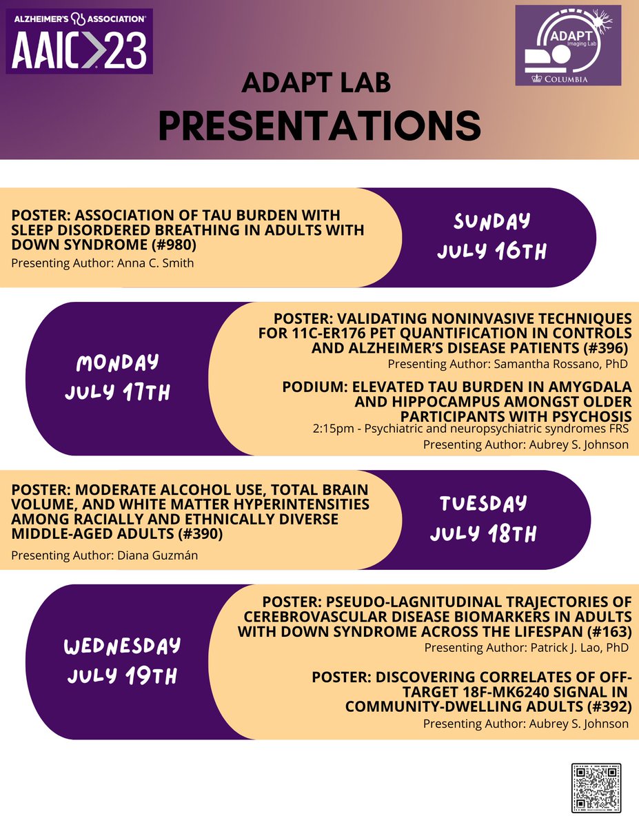 Come check out some cool applications of neuroimaging at #AAIC2023! Neuroinflammation, cerebrovascular disease, tau, and neurodegeneration!