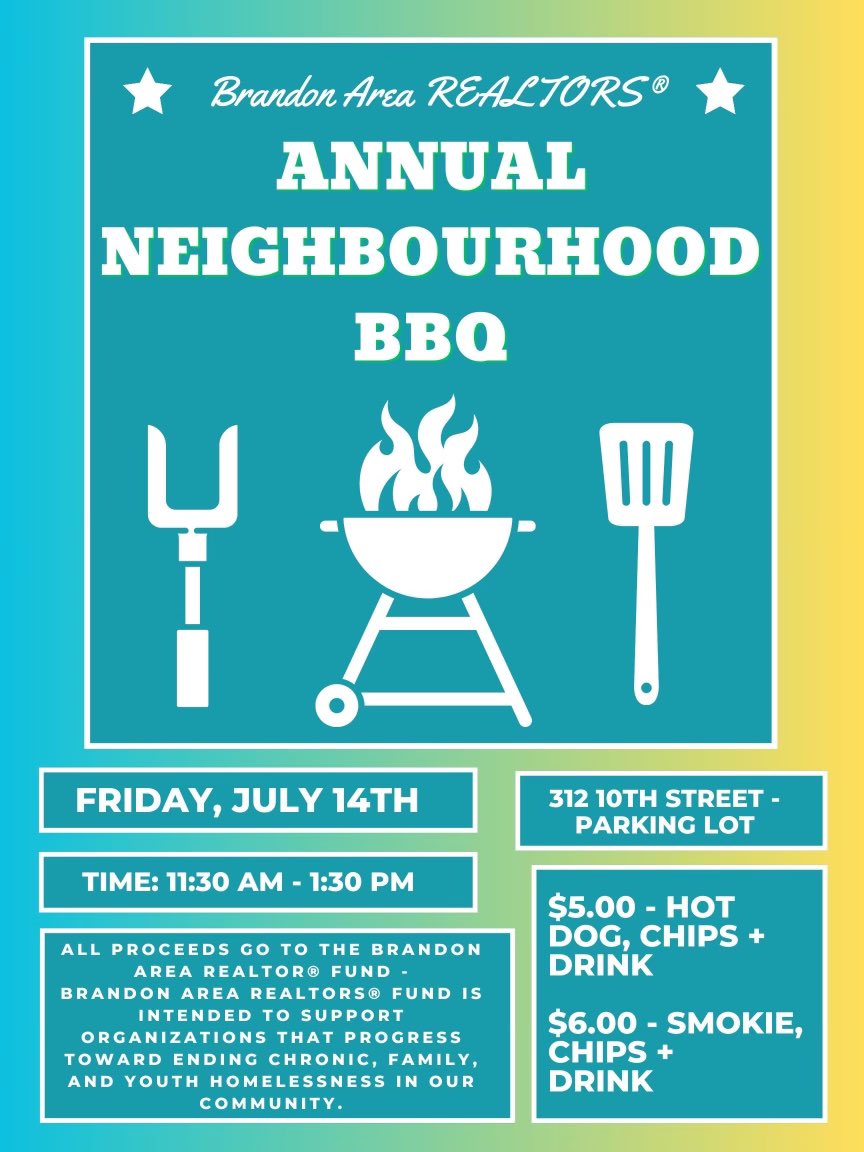 It’s time for a summer BBQ for a great cause!

Fri, July 14th
11:30am-1:30pm
Brandon Area Realtors (312 10th St)

@AreaBrandon | @BdnChamber
#BBQ | #bdnmb