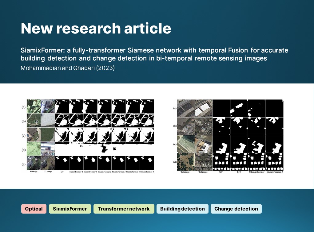 IJRemoteSensing's tweet photo. 🔔 New article:
Mohammadian & Ghaderi propose #SiamixFormer, a #Siamese transformer model for accurate building and change #detection in #bitemporal remotely sensed imagery.
🔗 https://t.co/SxkF5XGXPt
#IJRS #RemoteSensing #ChangeDetection #BuildingDetection https://t.co/r1qS6SqUOk