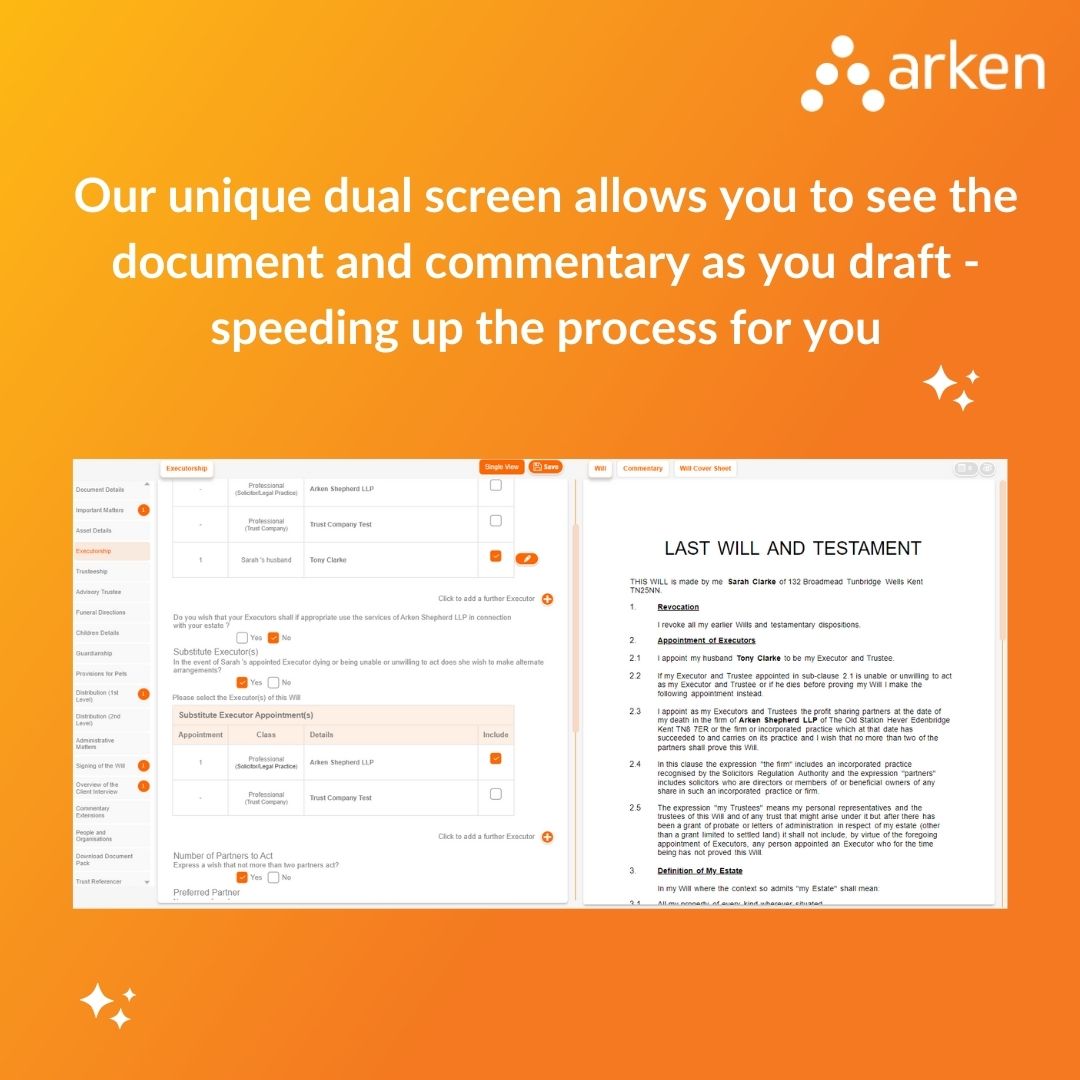 ArkenLegal's tweet photo. Viewing the document on our unique dual screen makes it much easier and quicker to draft.
Book a demo and see for yourself https://t.co/300jz4wAHL
#willdrafting #privateclient https://t.co/P2OT7BhxmU