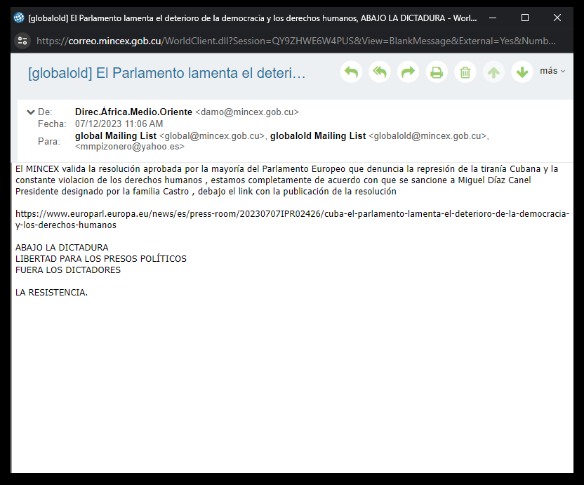 LARESISTENCIAC2's tweet photo. LA RESISTENCIA, Miles de cuentas de la Dictadura, De embajadas ,Consulados, principales medios de prensa del mundo recibieron un email del propio MINCEX, validando la resolución aprobada por la mayporia del PArlamento Europeo denunciando la represión en Cuba. 
ABAJO LA DICTADURA. https://t.co/ExjUXCPkMI