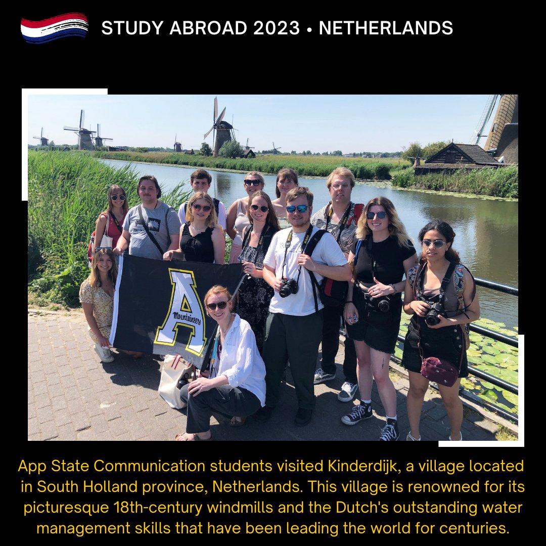 Appstatecomdept's tweet photo. COM students learned water is integral to the daily lives of the Dutch people and shapes the very landscape of the country. For more info about studying abroad: https://t.co/JJFe7sh41a.
#AppState #AppstateFAA #AppStateCOMDept #StudyAbroad #MyAppStateSummer
@AppStateFAA @appstate https://t.co/Bx73pamgwE
