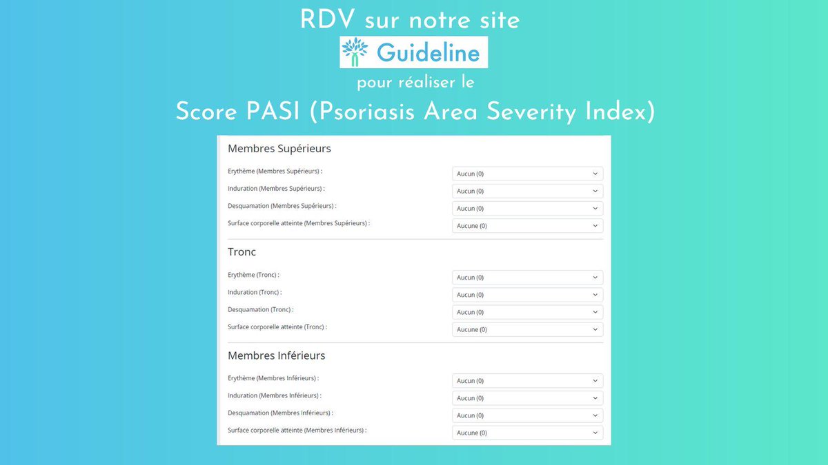 GuidelineCare's tweet photo. 👨‍⚕️👩‍⚕️Vous êtes médecin ? Besoin d’aide dans vos diagnostics ?
📖Retrouvez sur https://t.co/0XpCXw2RPe le Score PASI (Psoriasis Area Severity Index) : https://t.co/ccKBJ1qNUG