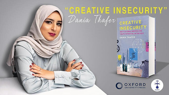 Dr_DaniaThafer's tweet photo. It’s out! Excited to share my new book “Creative Insecurity: Institutional Inertia and Youth Potential in the GCC” published with @HurstPublishers & Oxford University Press (@OxUniPress).

With the emergence of disruptive technologies & the imperative to diversify economically, I address the politics of innovation in the GCC discussing clashing interests between the youth majority entering the workforce & the business elite minority.

Check it out below, among other places. 
https://t.co/ouqLK9EbIm or https://t.co/V8PKZJmkH5