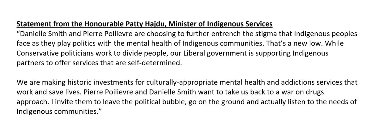 Federal Indigenous Services Minister Patty Hajdu says Ottawa is investing in culturally-appropriate mental health and addictions services.

She also argues that Danielle Smith and Pierre Poilievre want to restart the 'war on drugs' approach. #yeg #yyc #ableg