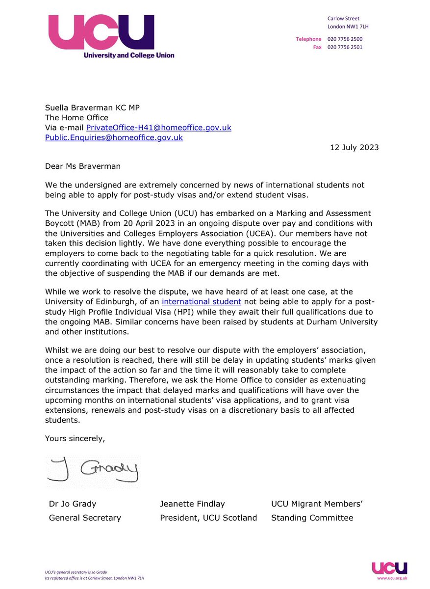 NEW: We are calling on the <a href="/ukhomeoffice/">Home Office</a> &amp; <a href="/SuellaBraverman/">Suella Braverman MP</a> to consider extenuating circumstances for the impact outstanding qualifications will have on international students. 

We have done everything possible to get <a href="/UCEA1/">UCEA</a> back to the table for a quick resolution. 

#ucuRISING