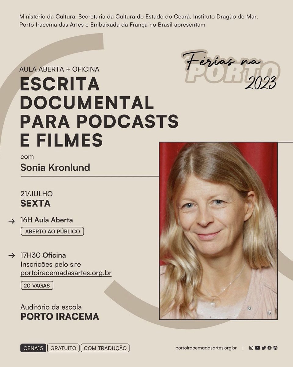 lianneceara's tweet photo. Jornalistas e gente da escrita do meu coração, em parceria com a Embaixada da França, vai rolar aula aberta e oficina massa na Porto Iracema com a documentarista francesa Sonia Kronlund. De grátis! 20 vagas para a oficina, inscrições até sexta. Cuidem! https://t.co/bbi4IwcjTN https://t.co/iAXZxCSO6d