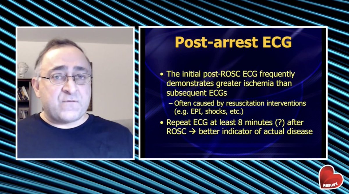Glorilyn Joyce Ong, MD (@lynongmd) on Twitter photo Post-arrest ECG #ResusXROSC <a href="/amalmattu/">Amal Mattu</a> <a href="/CriticalCareNow/">Haney Mallemat</a>
Repeat ECG about 20 mins post-ROSC to determine actual disease
- In the first 8 up to 20 mins post-ROSC, ECG overestimate the extent of ischemia
- But this should not stop you from activating cath early Post-arrest ECG #ResusXROSC <a href="/amalmattu/">Amal Mattu</a> <a href="/CriticalCareNow/">Haney Mallemat</a>
Repeat ECG about 20 mins post-ROSC to determine actual disease
- In the first 8 up to 20 mins post-ROSC, ECG overestimate the extent of ischemia
- But this should not stop you from activating cath early