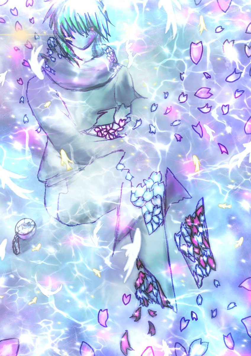 MattariDot's tweet photo. お絵描き企画のワンモア企画に参加🌸
小説一章前の「あの瞬間はちゃんと、褪せることなく心に残っていた」という文をもとに不老不死＝永劫の刻と「桜」が彼にもたらすものをイメージ。見る人によって湧き上がる気持ちが変わる。そんな作品を目指してみました。
#SKYSTORY #桜の詩 https://t.co/xiy0LAapXA